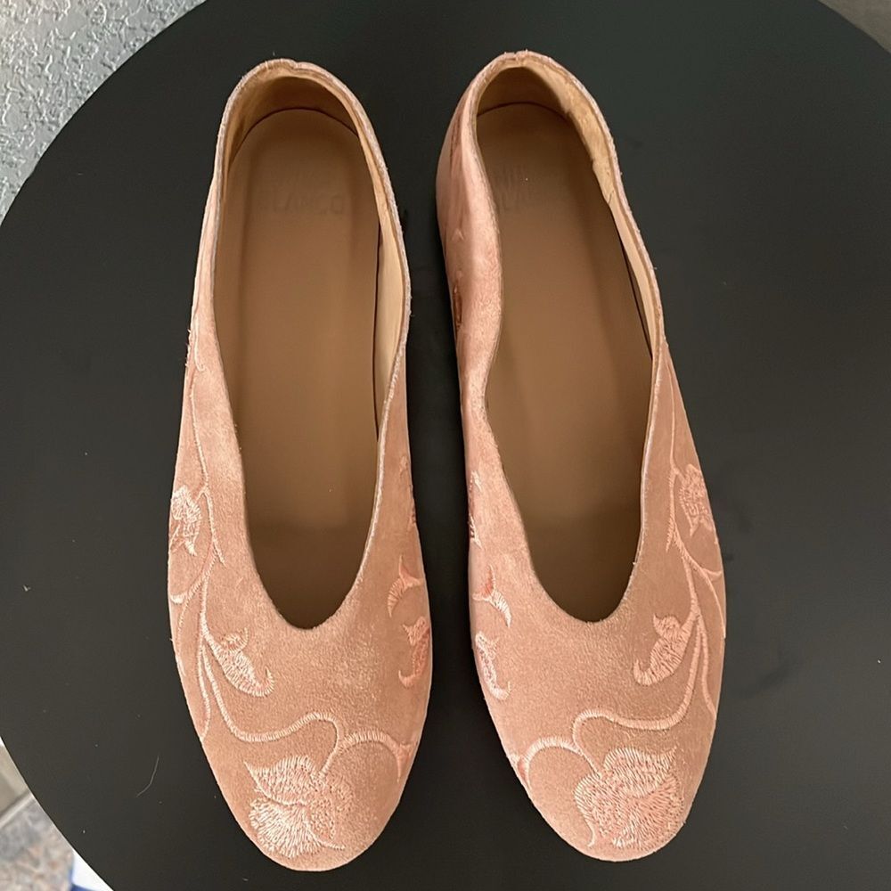 HUMA BLANCO (Anthropologie) Dorotea Rose Pink Suede Embroidered Flats, Size 7 - Picture 5 of 10
